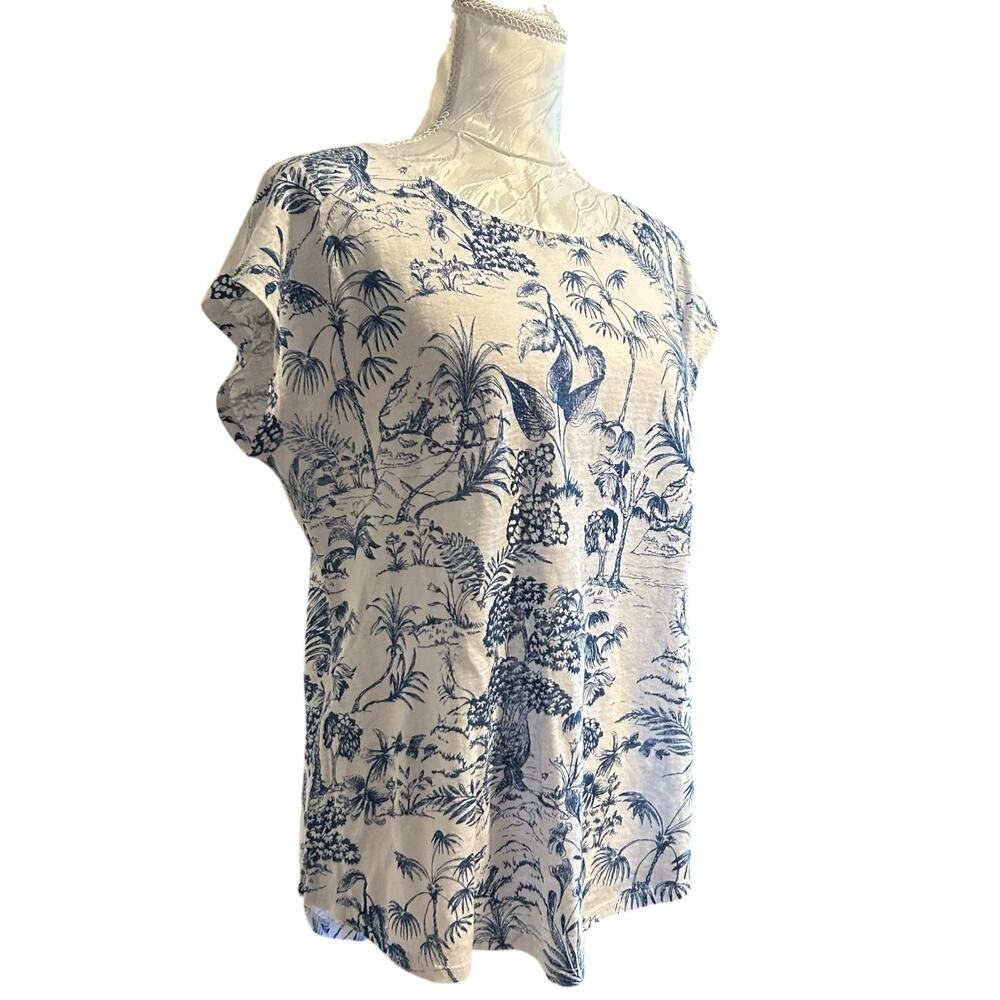 Blue White Linen Tropical Toile Print Cap Sleeve Top Coastal Grandmother S - Picture 13 of 13